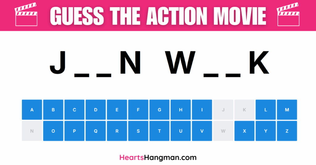 Guess the action movie hangman game screenshot.