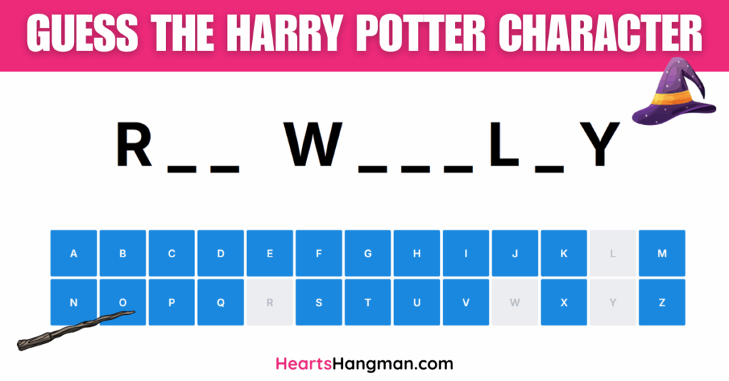 Guess the Harry Potter Character hangman game screenshot.