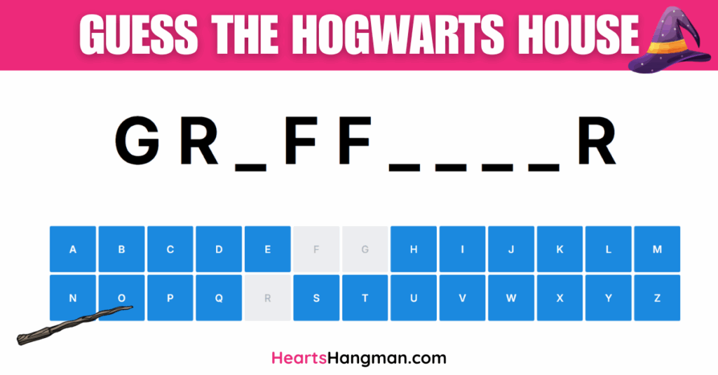 Guess the Hogwarts House hangman game screenshot.