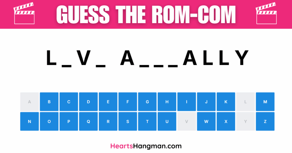 Guess the romantic comedy hangman game screenshot.