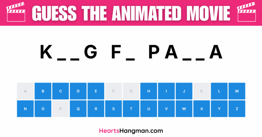 Guess the animated movie hangman game screenshot.