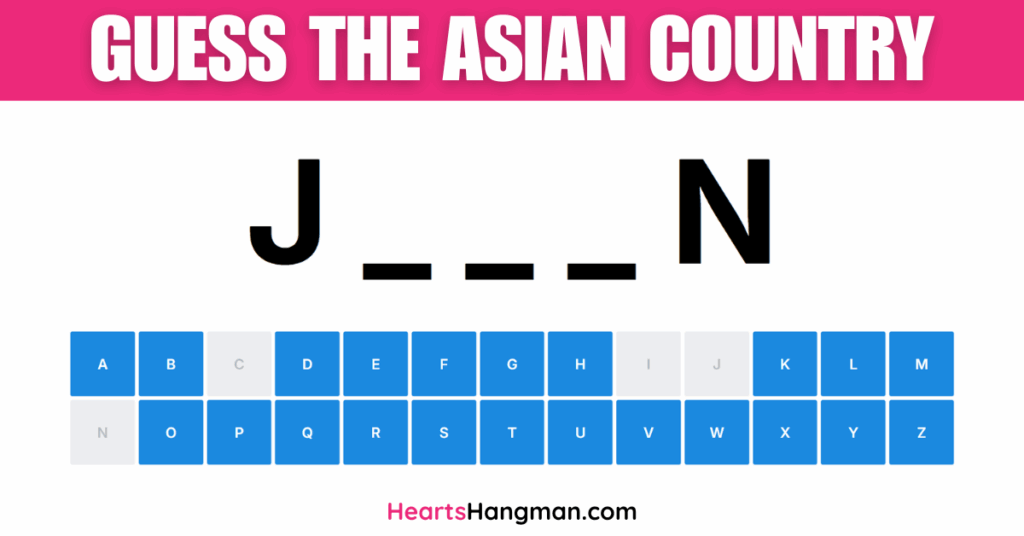 Guess The Country in Asia hangman game screenshot.