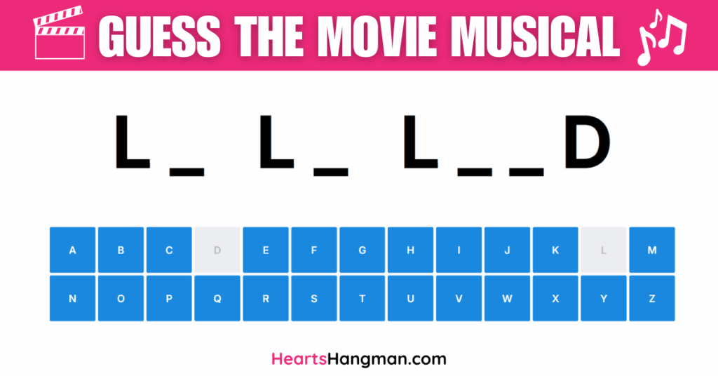 Guess the movie musical hangman game screenshot.