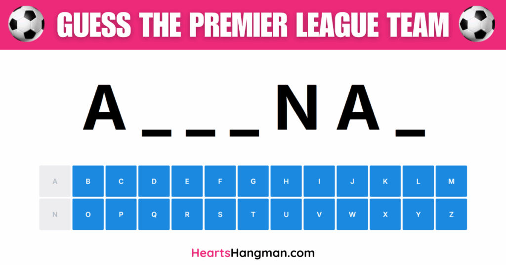 Guess The Premier League Team hangman game screenshot