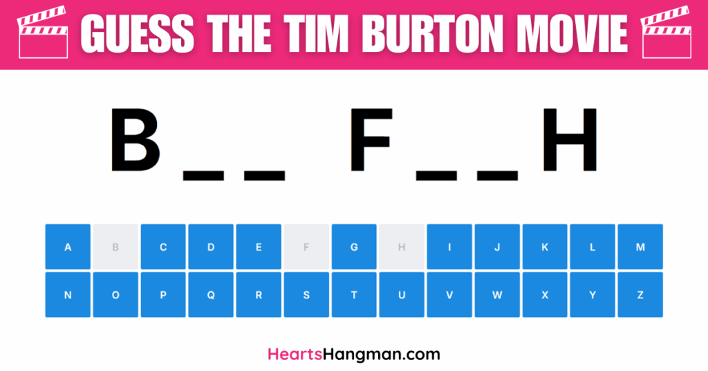 Guess the Tim Burton movie hangman game screenshot.