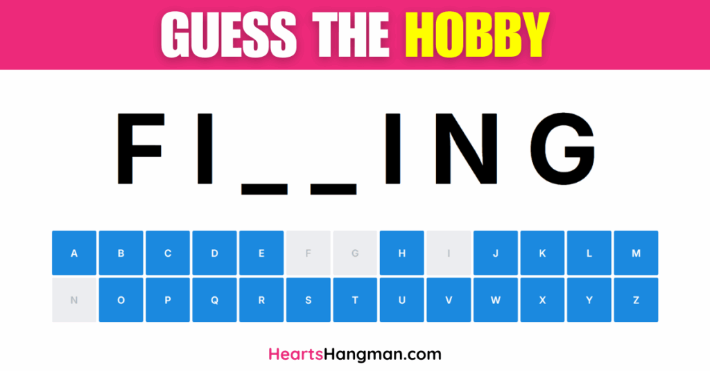 A screenshot of a hobbies vocabulary guessing game.