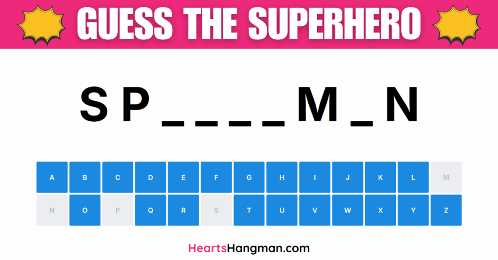 Guess the Superhero hangman game screenshot